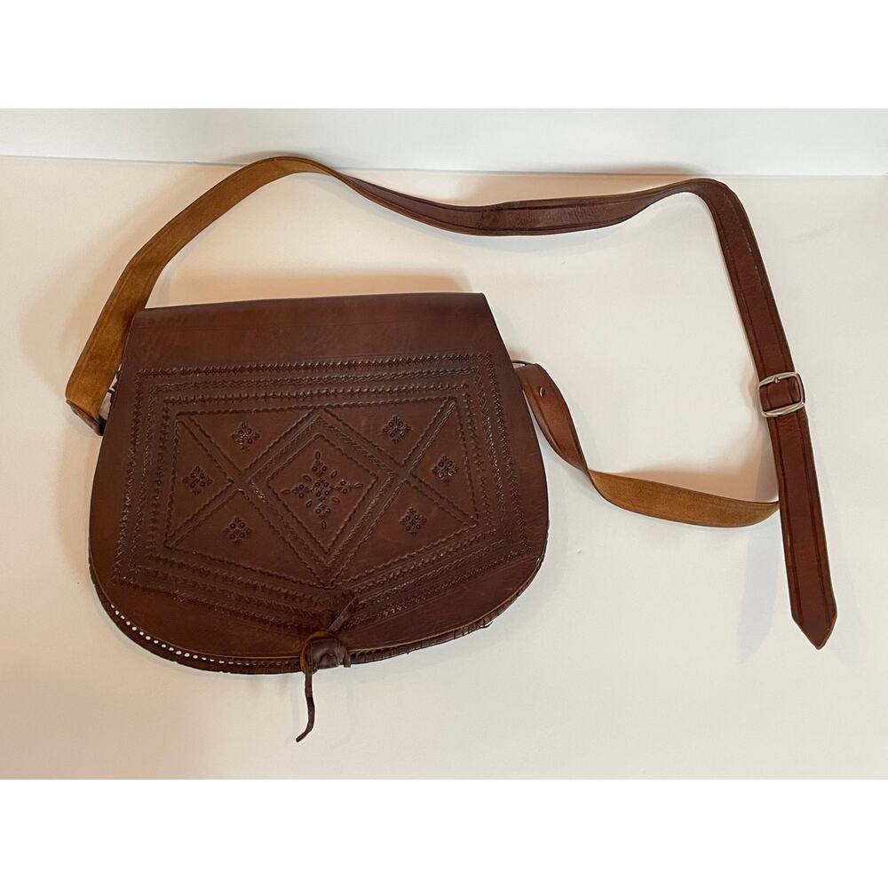 Tooled Leather Purse Brown Saddle Bag Stitched Floral Handbag Vtg Moroccan